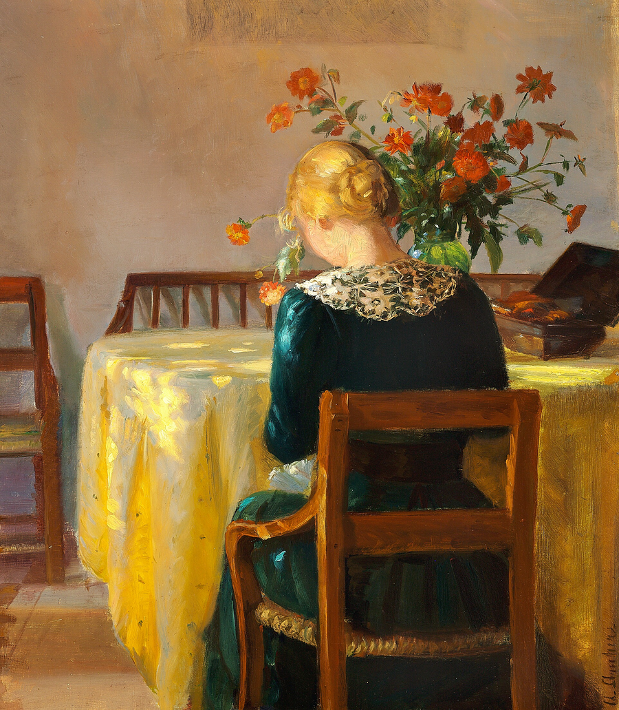 Interno con Helga, la figlia del pittore, che cuce - Anna Ancher