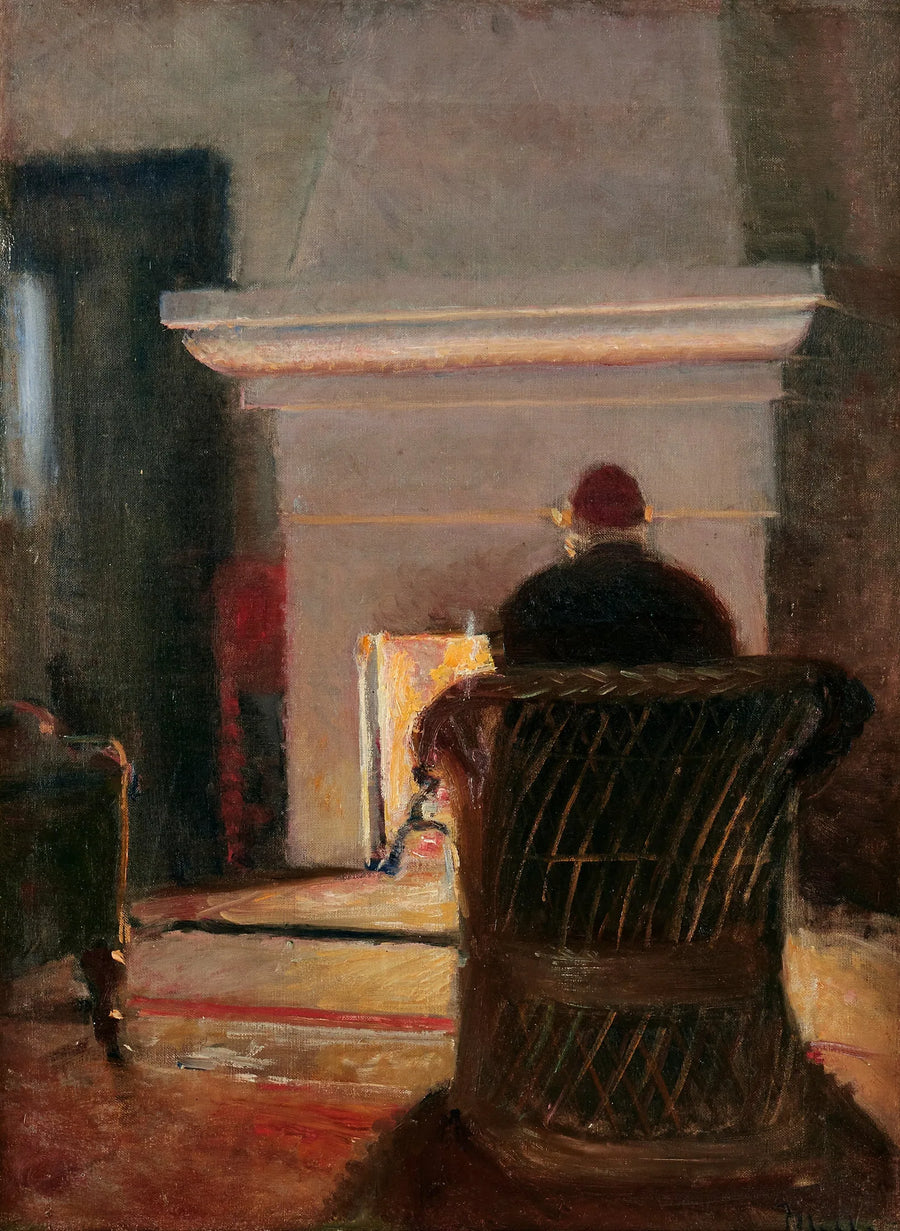 Interno con Holger Drachmann davanti al caminetto di Villa Pax, Skagen. -Michael Peter Ancher