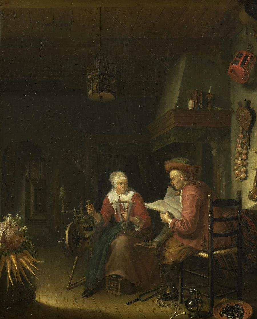 Intérieur avec un homme lisant et une femme jouant - Domenicus van Tol