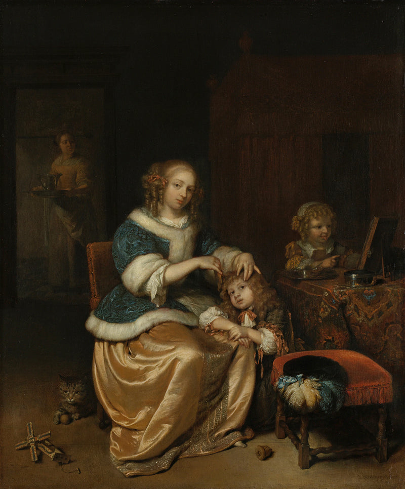 Intérieur avec une mère peignant les cheveux de son enfant, connue sous le nom de « Mother Care » - Caspar Netscher