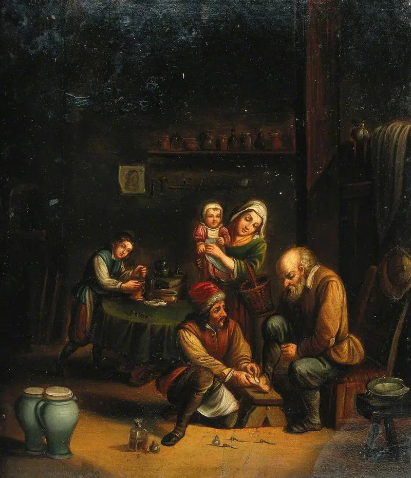 Interno con un chirurgo che cura il piede di un uomo e altri tre personaggi - David Teniers il Giovane