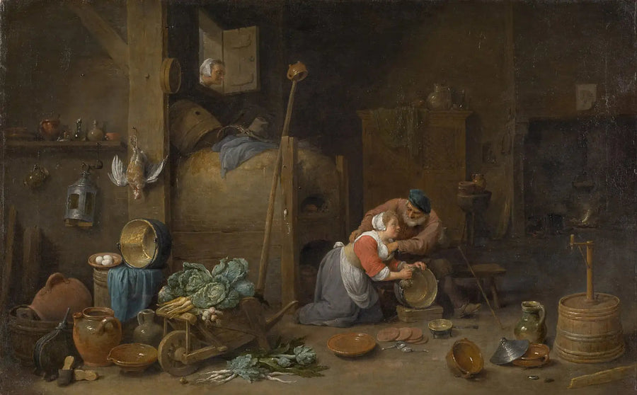 Interno con un vecchio che pelotta una donna delle pulizie - David Teniers il Giovane