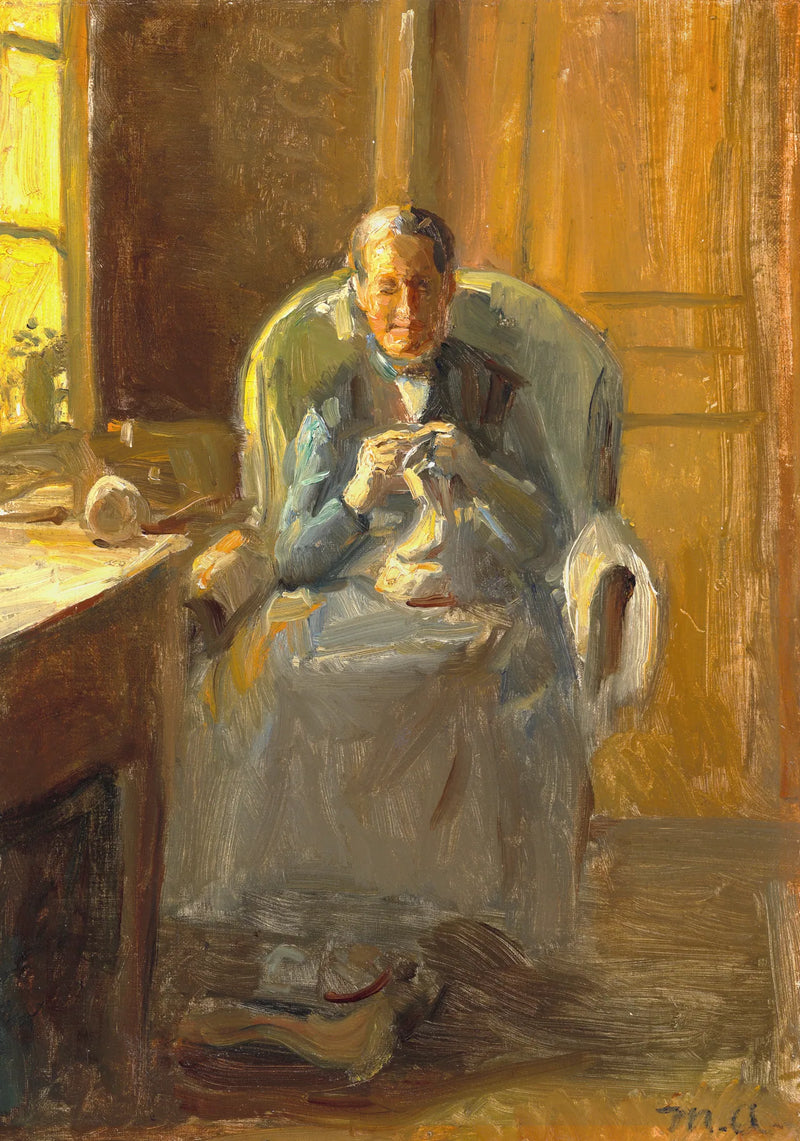 Interno con una donna che lavora a maglia al sole vicino alla finestra. - Michael Peter Ancher