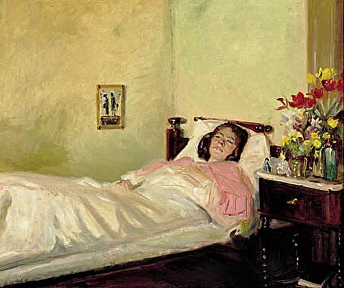 Interno con una giovane donna sdraiata a letto. - Michael Peter Ancher