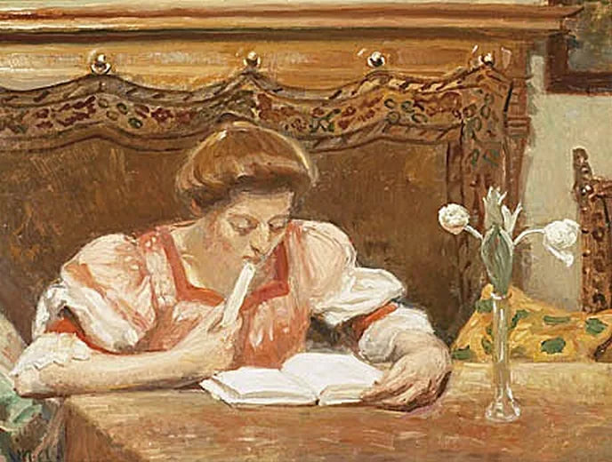 Interno con una giovane donna che legge. - Michael Peter Ancher