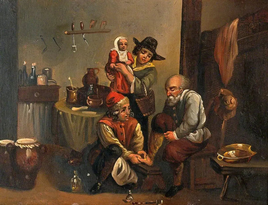 Interno di uno studio medico con un chirurgo che cura il piedo di un uomo, e una donna e un bambino che guardano - David Teniers il Giovane