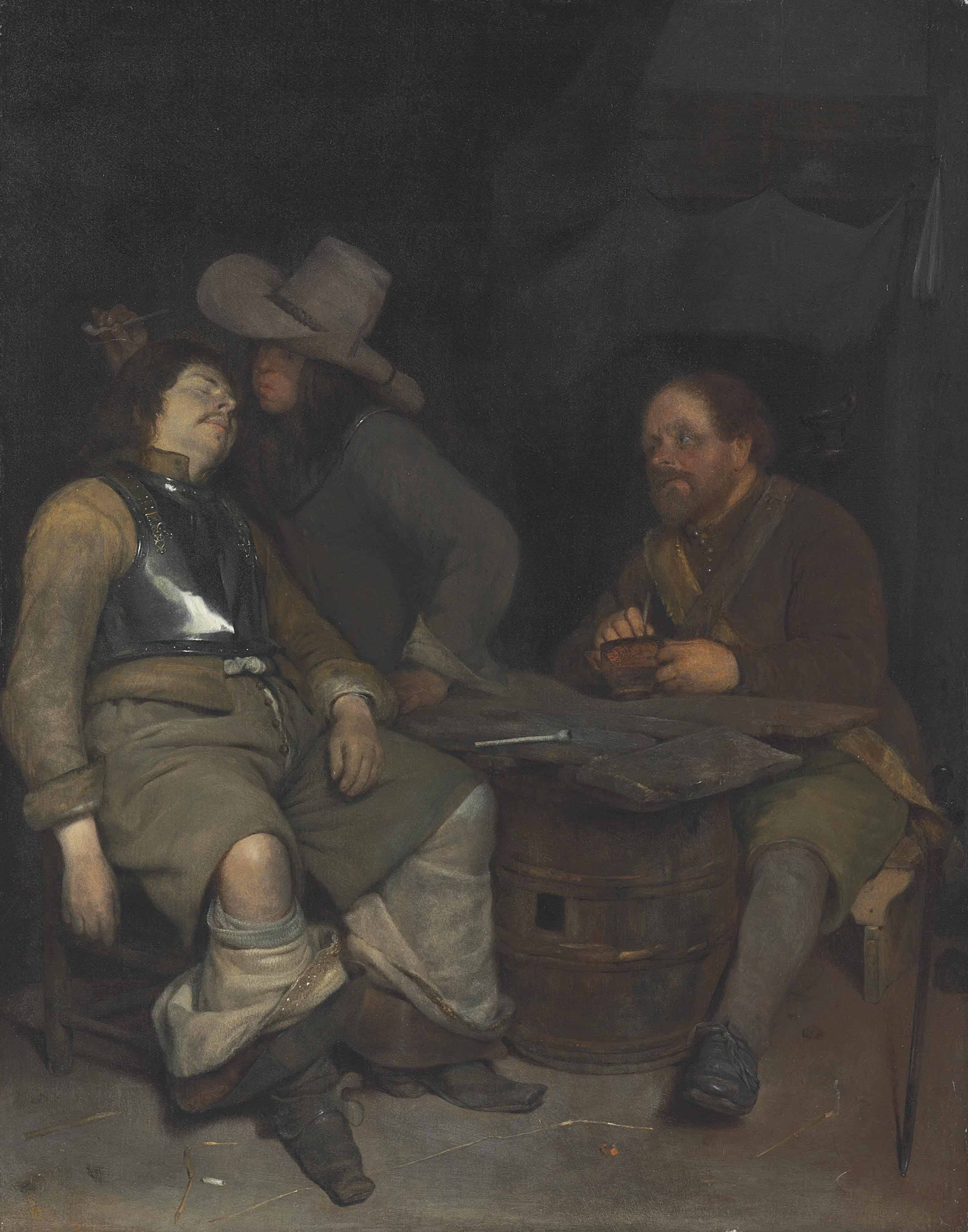 Intérieur d'un poste de garde avec un soldat soufflant de la fumée - Gerard ter Borch image 1 tableau peint à l’huile sur toile