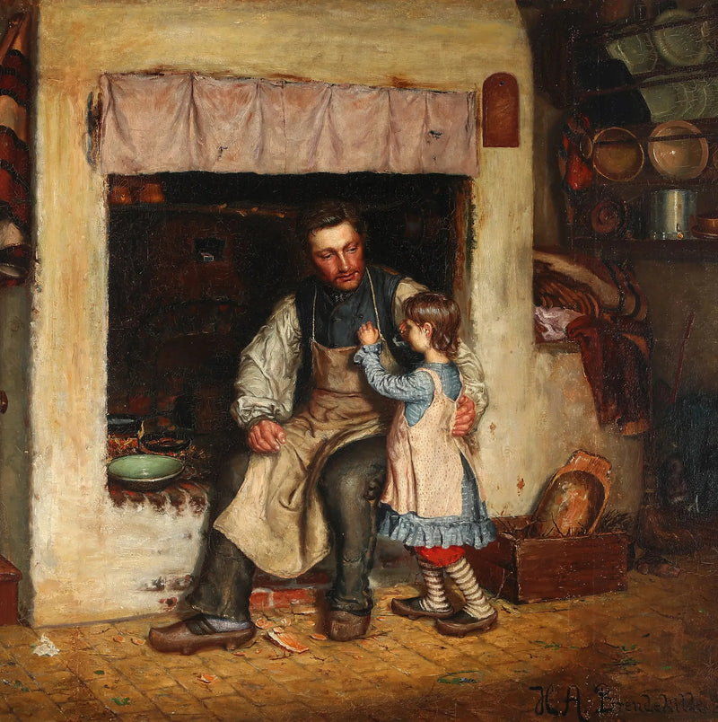 Interno di una cucina con una bambina e un uomo. - H. A. Brendekilde