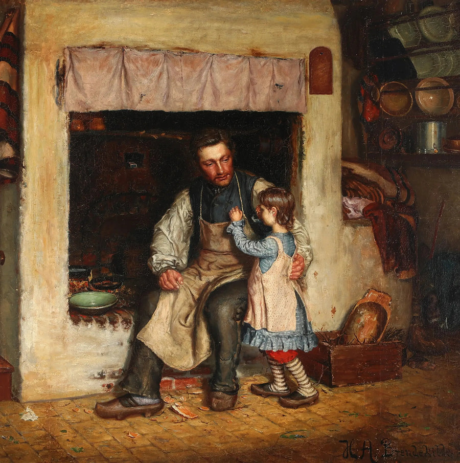 Interno di una cucina con una bambina e un uomo. - H. A. Brendekilde