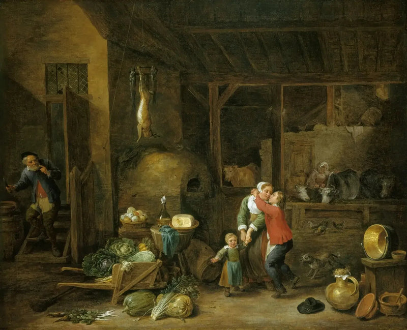 Interno di una casa familiare con personaggi (« Il Bacio rubato ») - David Teniers il Giovane