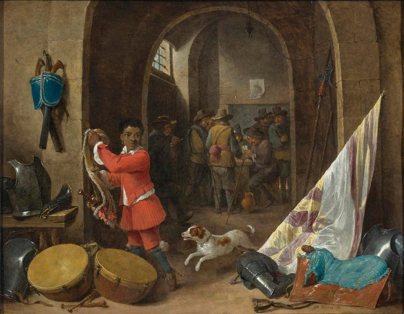 Interno di una sala di guardia con un servitore nero vicino a una natura morta di una sella, di una bandiera, di tamburi e di corazze; soldati che giocano a carte sullo sfondo - David Teniers il Giovane