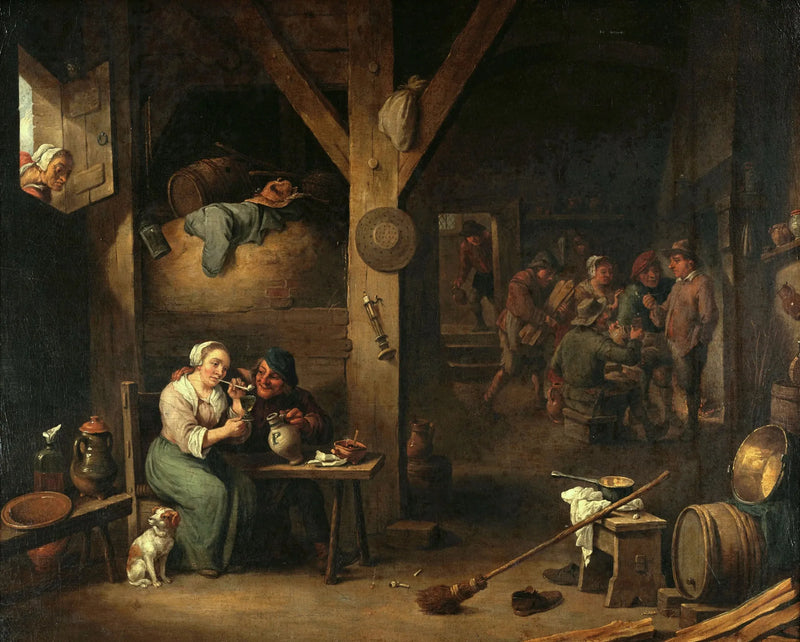 Interno di una taverna con una donna che fuma e un uomo che le offre un bicchiere sotto lo sguardo di una vecchia donna - David Teniers il Giovane
