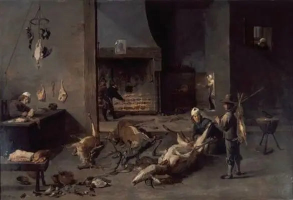 Interno di cucina con cuochi che preparano selvaggina - David Teniers il Giovane