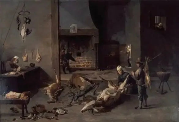 Interno di cucina con cuochi che preparano selvaggina - David Teniers il Giovane