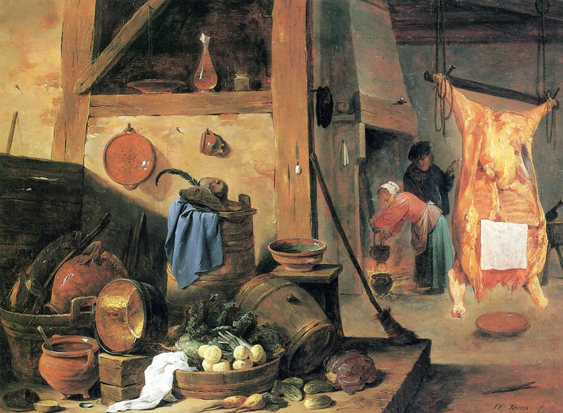 Interno di cucina con natura morta e manzo abbattuto - David Teniers il Giovane