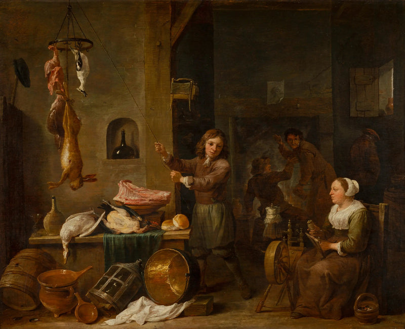 Interno di cucina con un ragazzo e una donna con un tavolo da gioco - David Teniers il Giovane