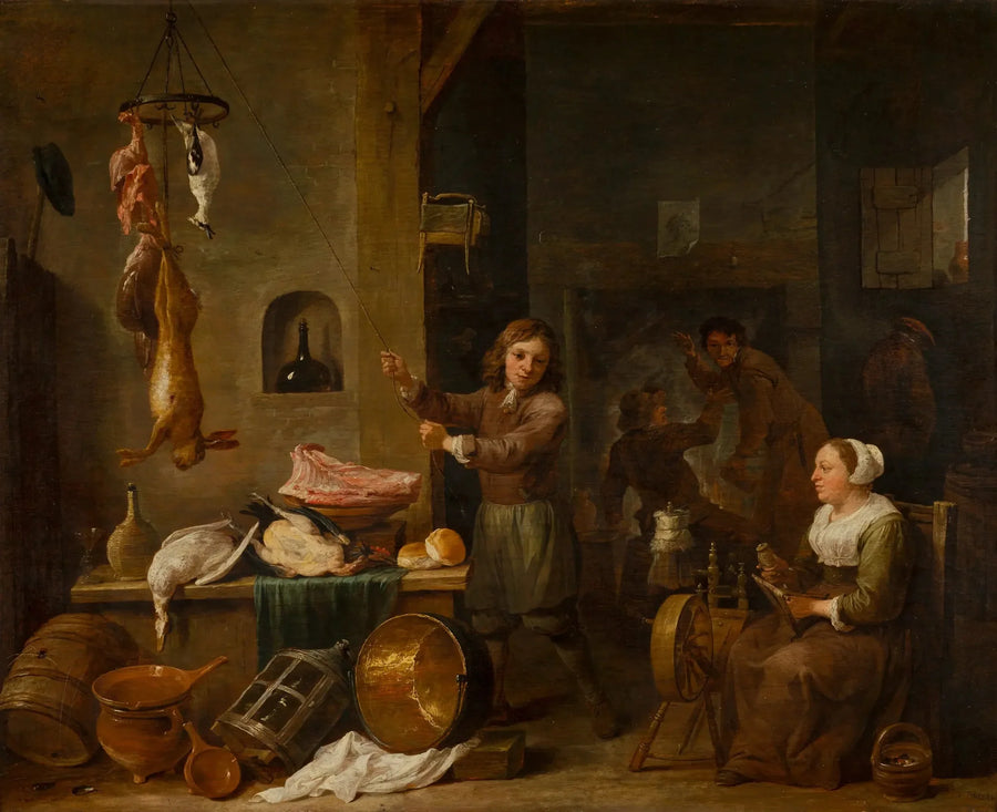 Interno di cucina con un ragazzo e una donna con un tavolo da gioco - David Teniers il Giovane