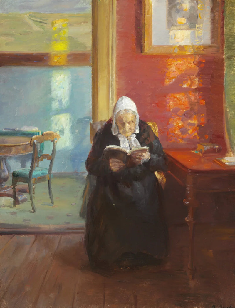 Interno della stanza rossa con la madre dell'artista, Ane Bründum, che legge - Anna Ancher