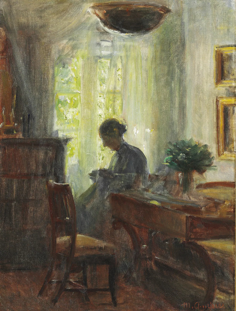 Interno della casa dell'artista. Anna Ancher al lavoro di ricamo - Michael Peter Ancher