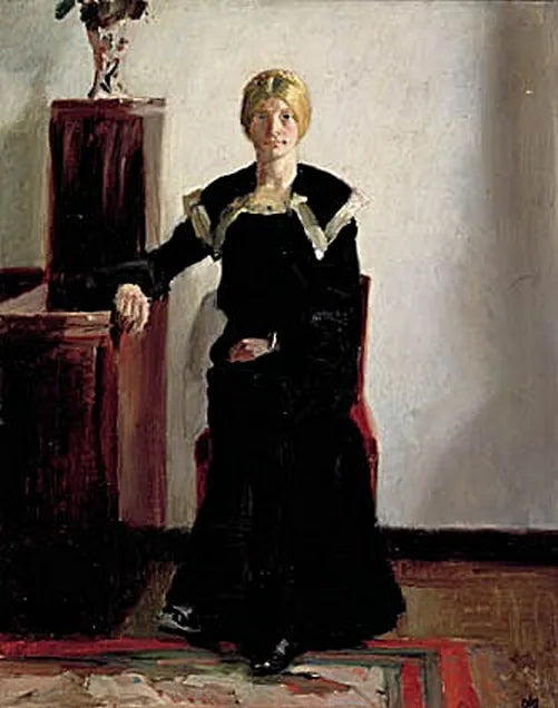 Interno della casa dell'artista. È raffigurata una giovane donna in abito nero. - Michael Peter Ancher