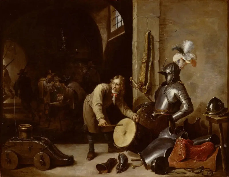 Interno della sala di guardia con un giovane uomo che tiene un tamburo - David Teniers il Giovane