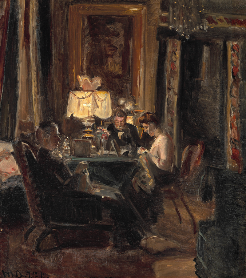 Interno del soggiorno di Kruuseminde con la famiglia Bech seduta a un tavolo alla luce di una lampada. - Michael Peter Ancher