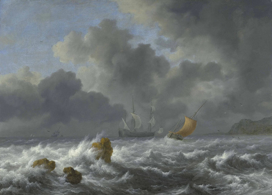 Voiliers dans la tempête près d’une côte rocheuse, peinture de Jacob van Ruisdael