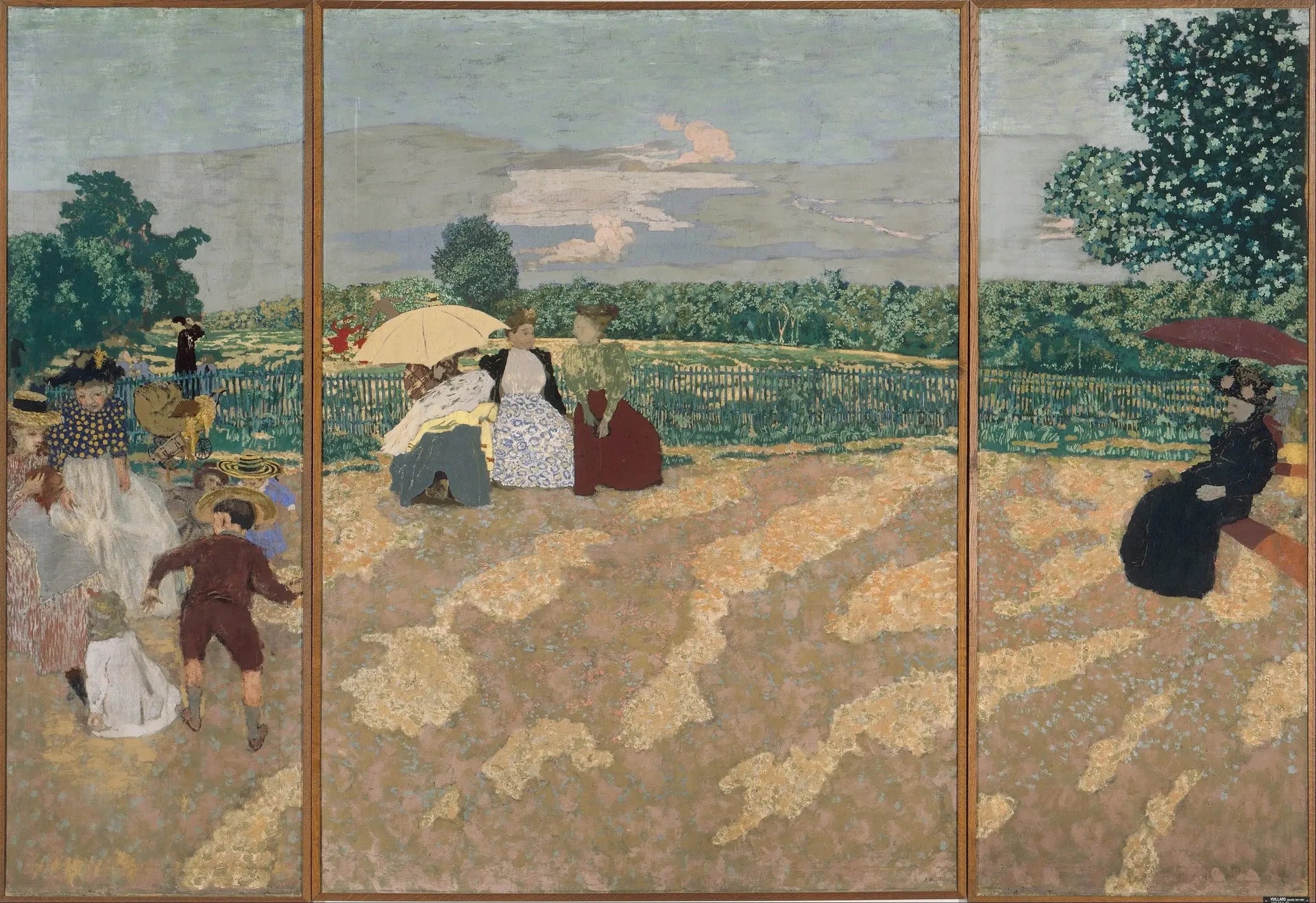 Jardins publics : la conversation, les nourrices, l'ombrelle rouge - Édouard Vuillard image 1 reproduction de peinture à l’huile