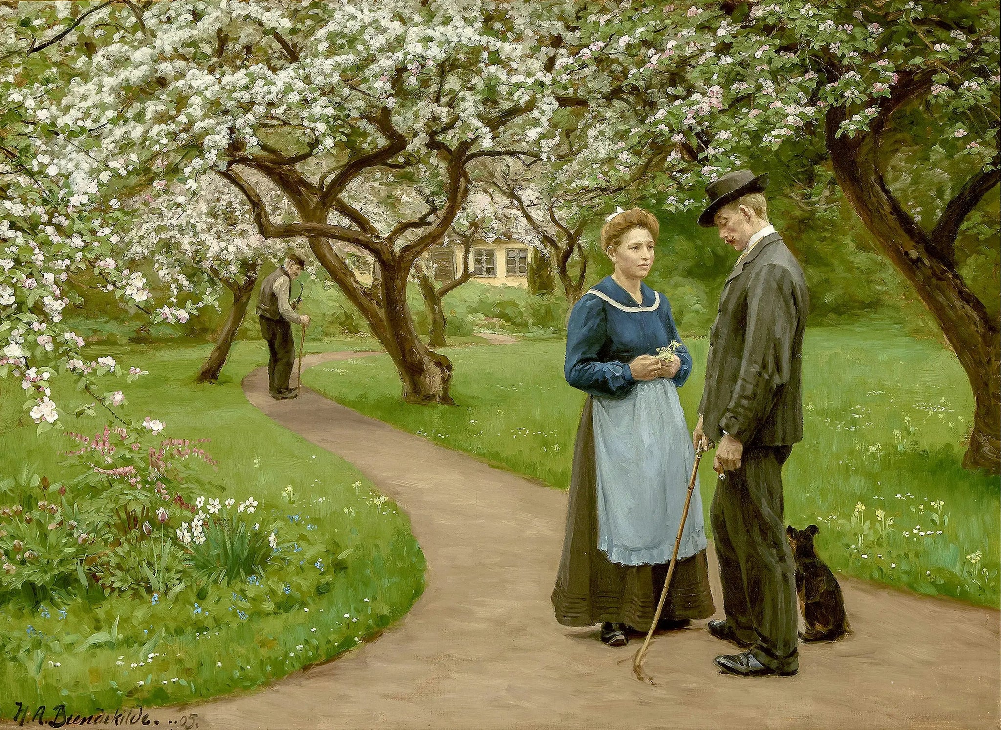 Jeune couple sous des arbres fruitiers en fleurs, au printemps. - H. A. Brendekilde image 1 reproduction de peinture à l’huile