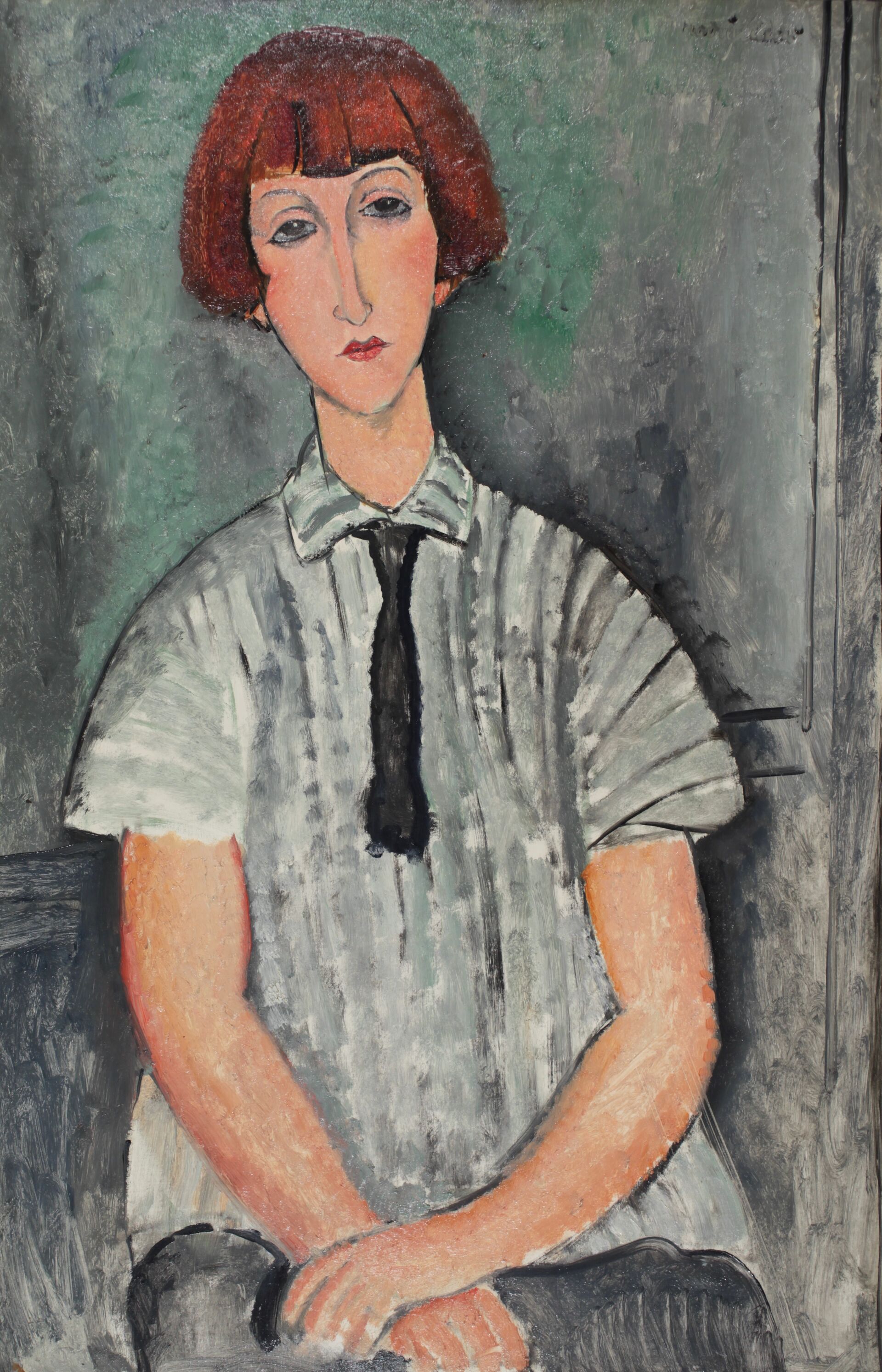 Reproduction du tableau « Jeune femme à la chemise rayée - Amedeo Modigliani » par Alpha Reproduction en peinture à l’huile