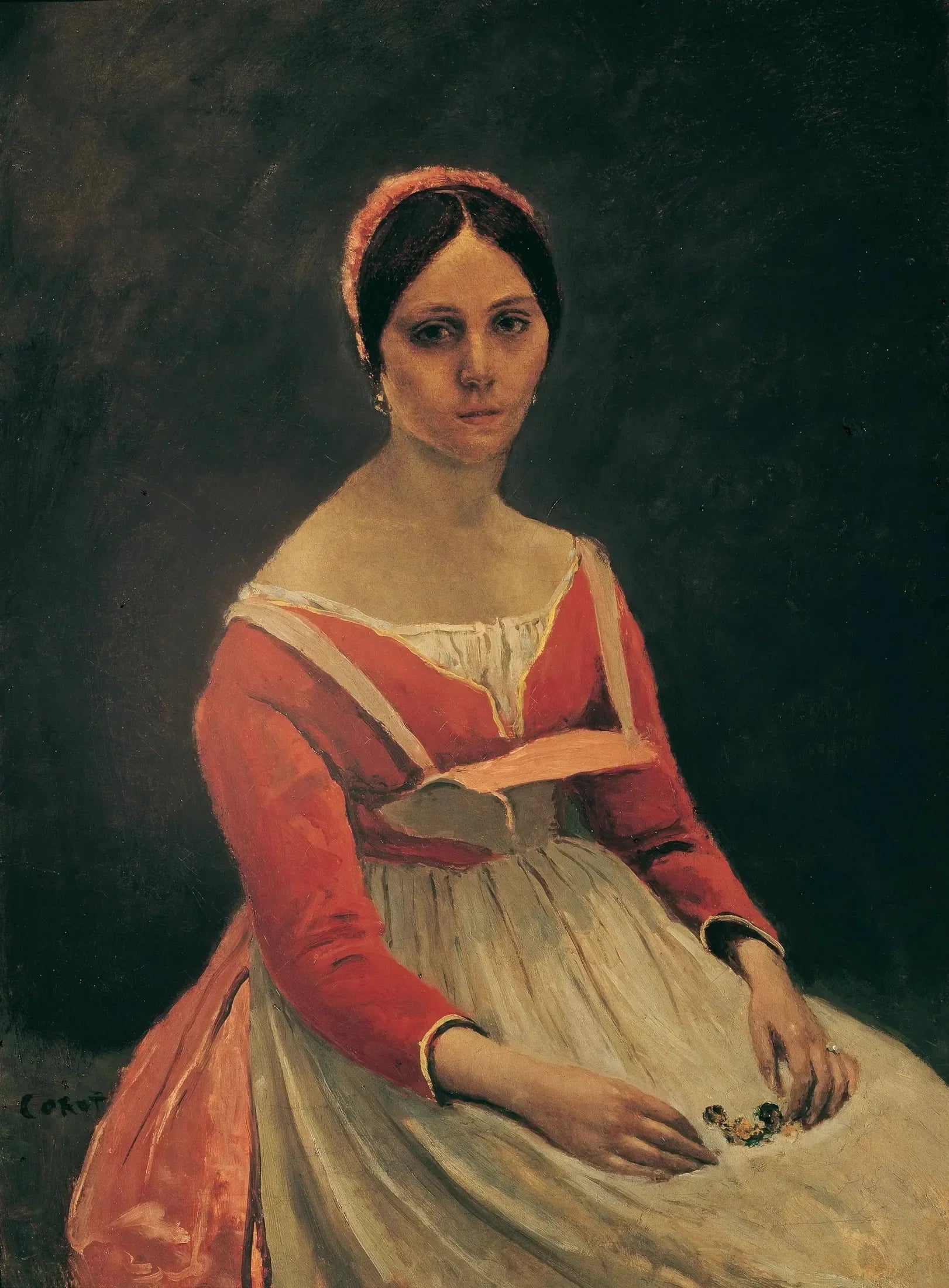 Jeune femme assise, des fleurs entre les mains - Jean-Baptiste Camille Corot image 1 copie peinte à la main à l’huile