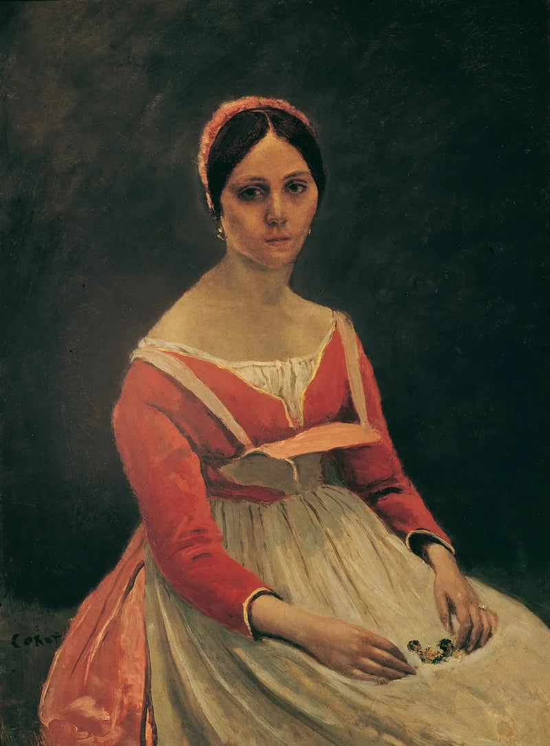 Giovane donna seduta, con fiori tra le mani - Jean-Baptiste Camille Corot