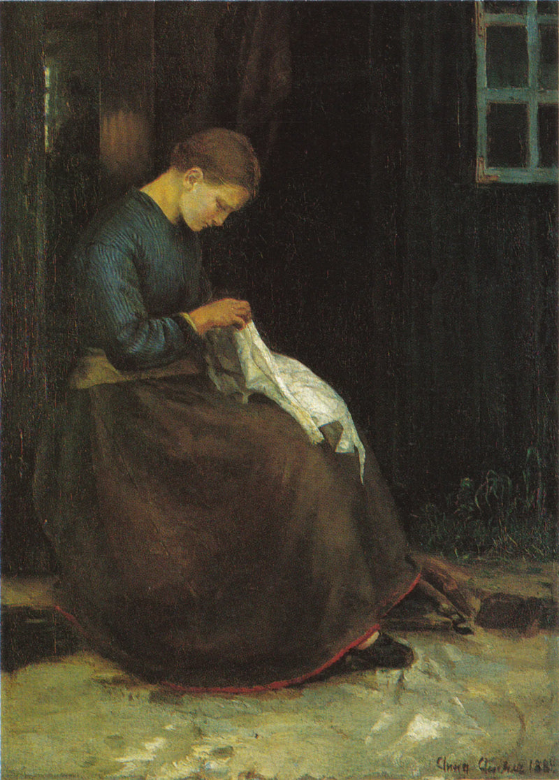 Giovane donna che cuce sulla porta di casa - Anna Ancher