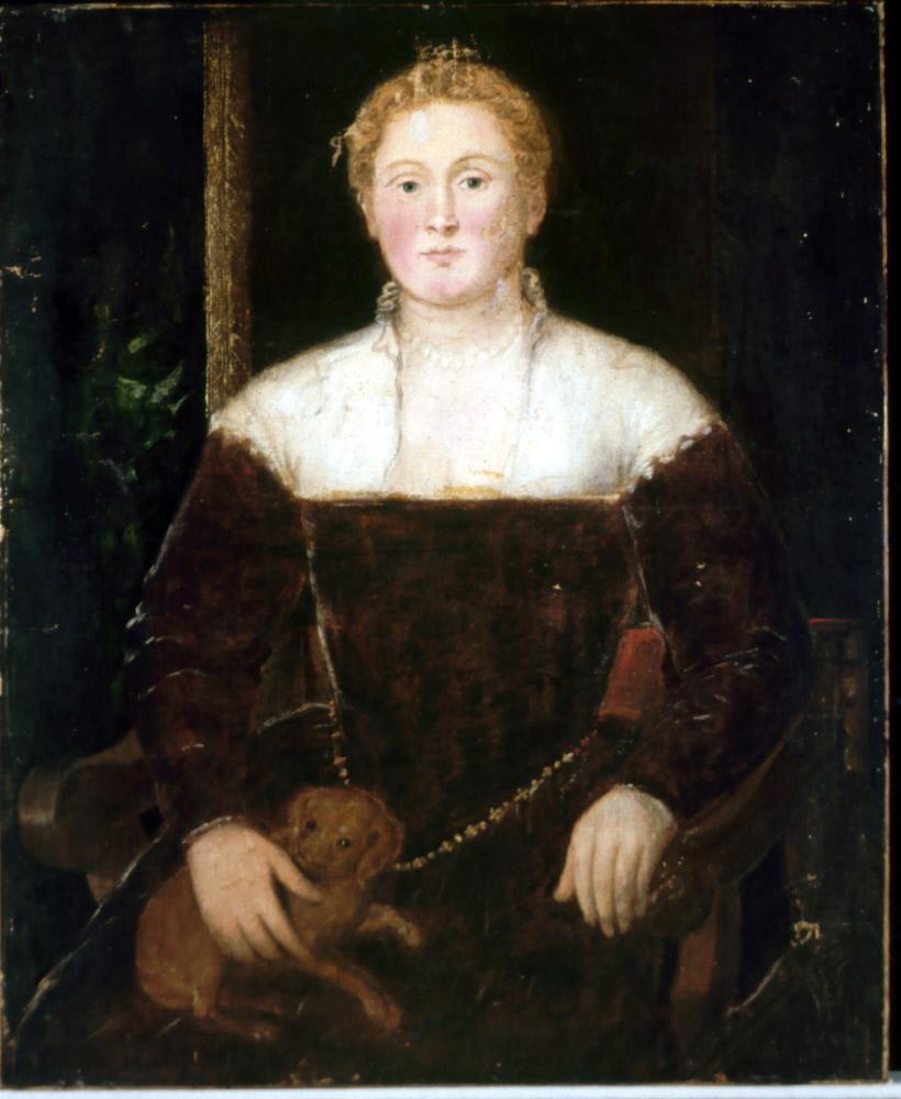 Giovane donna con un piccolo cane, forse un membro della famiglia Soranzo - Jacopo Tintoretto