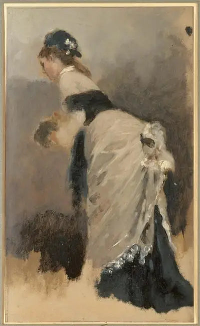 Giovane donna in piedi di profilo a sinistra con sciarpa e manica - Jean Béraud