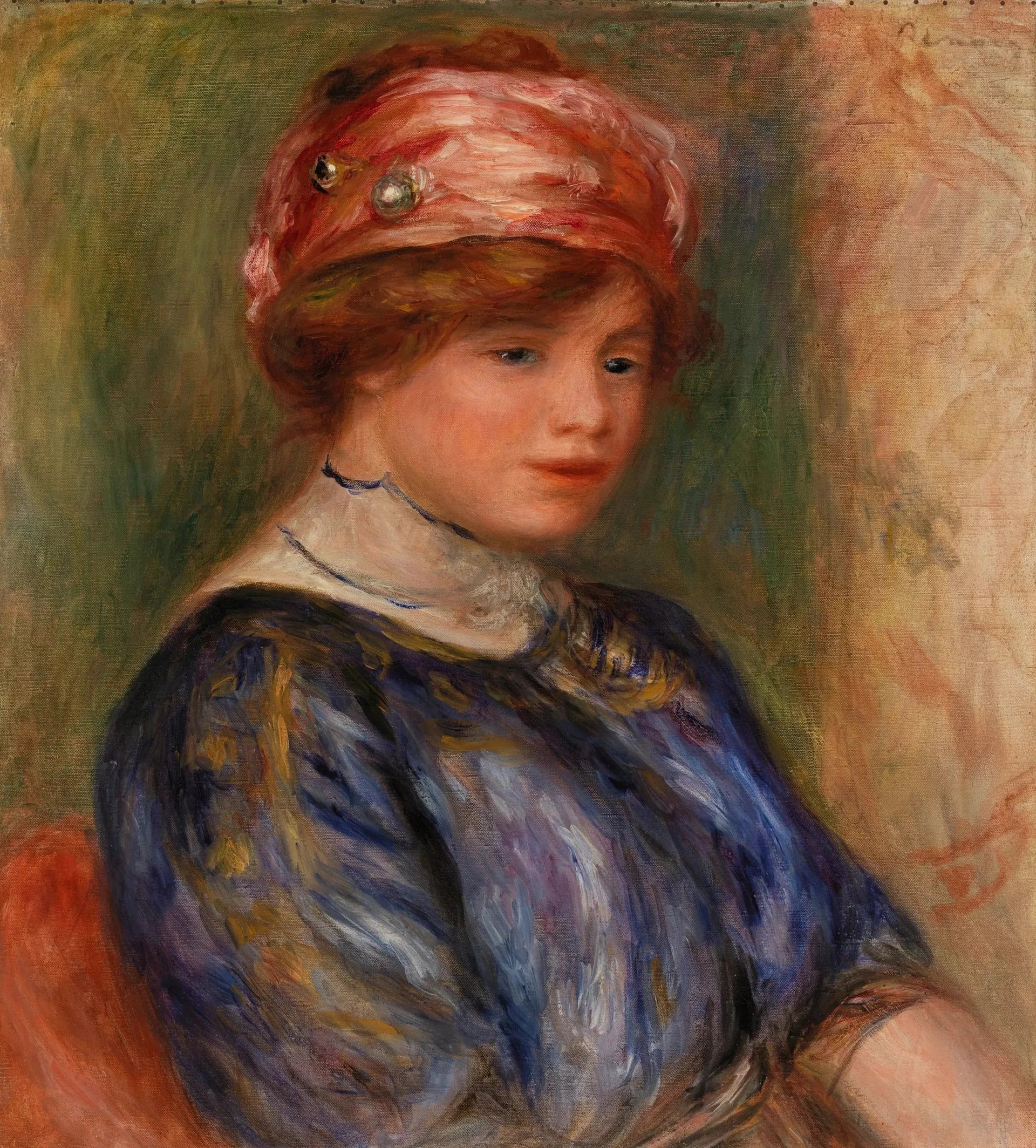 Jeune femme en bleu, buste (Jeune femme en corsage bleu, buste) - Pierre-Auguste Renoir image 1 copie peinte à la main à l’huile