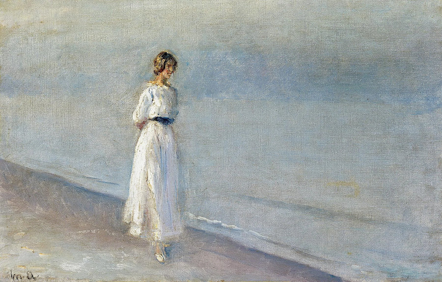 Giovane donna in abito bianco a Skagen Senderstrand. -Michael Peter Ancher