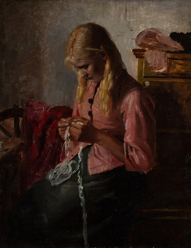 Giovane donna che lavora all'uncinetto. Tine, Skagen. -Michael Peter Ancher