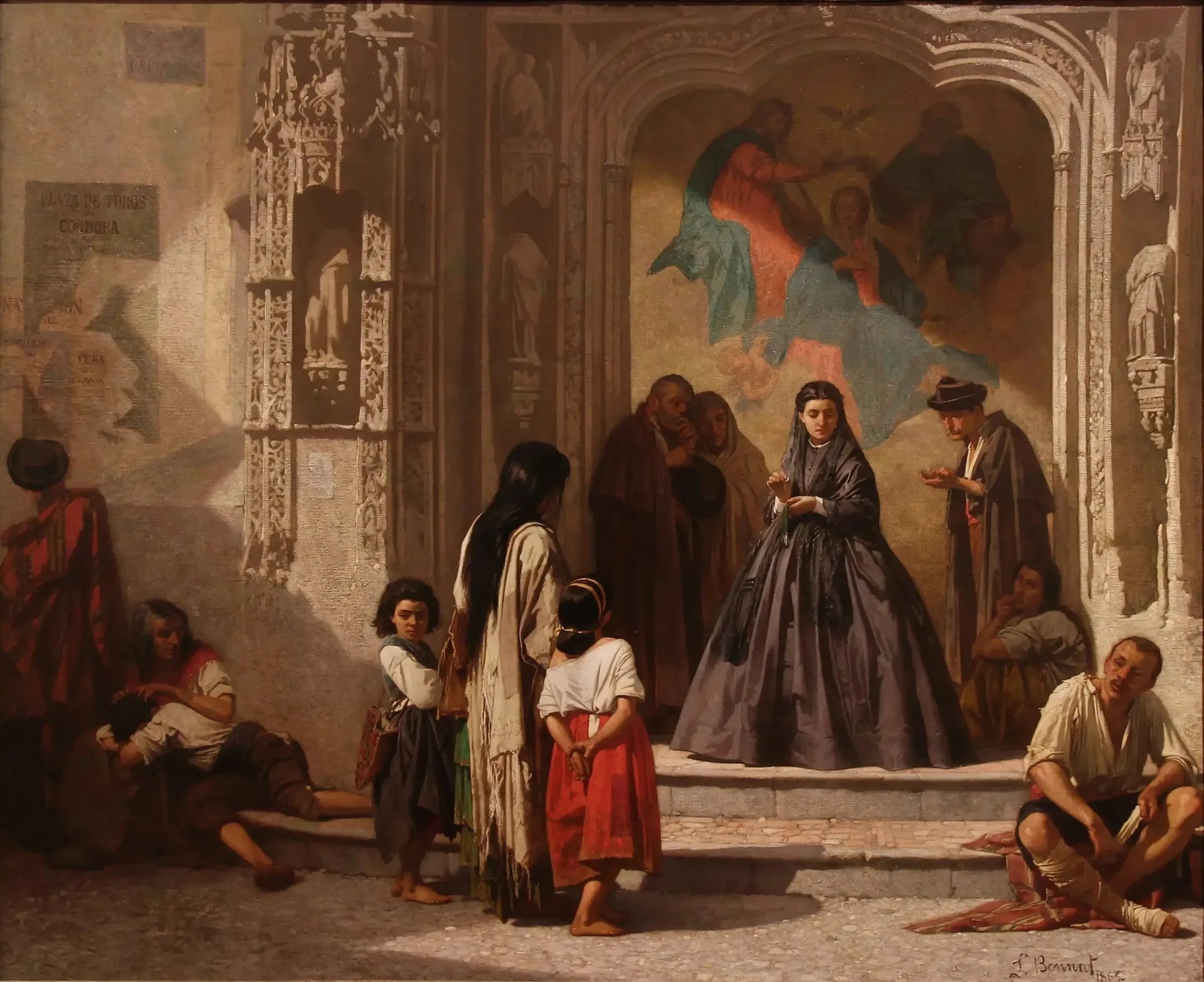 Jeune femme faisant la charité à l'entrée de la chapelle de l'hôpital Saint-Sébastien à Cordoue - Léon Bonnat image 1 reproduction artisanale de tableau