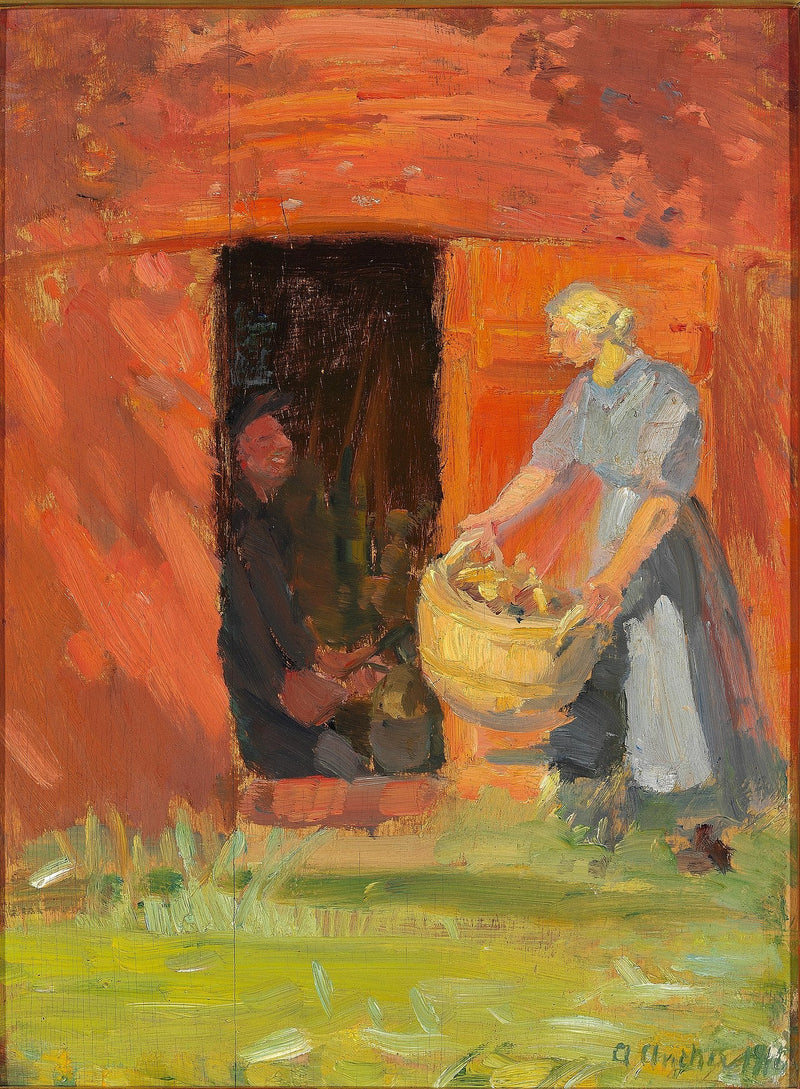 Giovane donna che porta il bucato davanti a una casa rossa a Skagen. - Anna Ancher