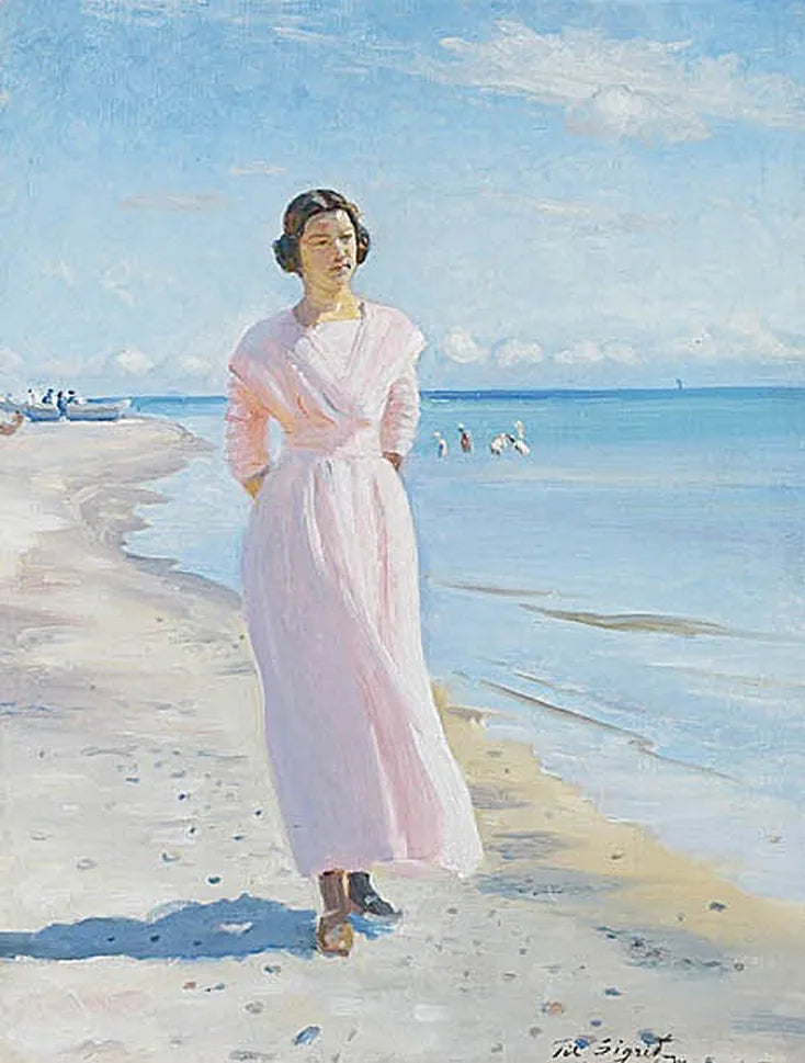 Giovane donna che indossa un vestito rosa sulla spiaggia meridionale di Skagen. - Michael Peter Ancher