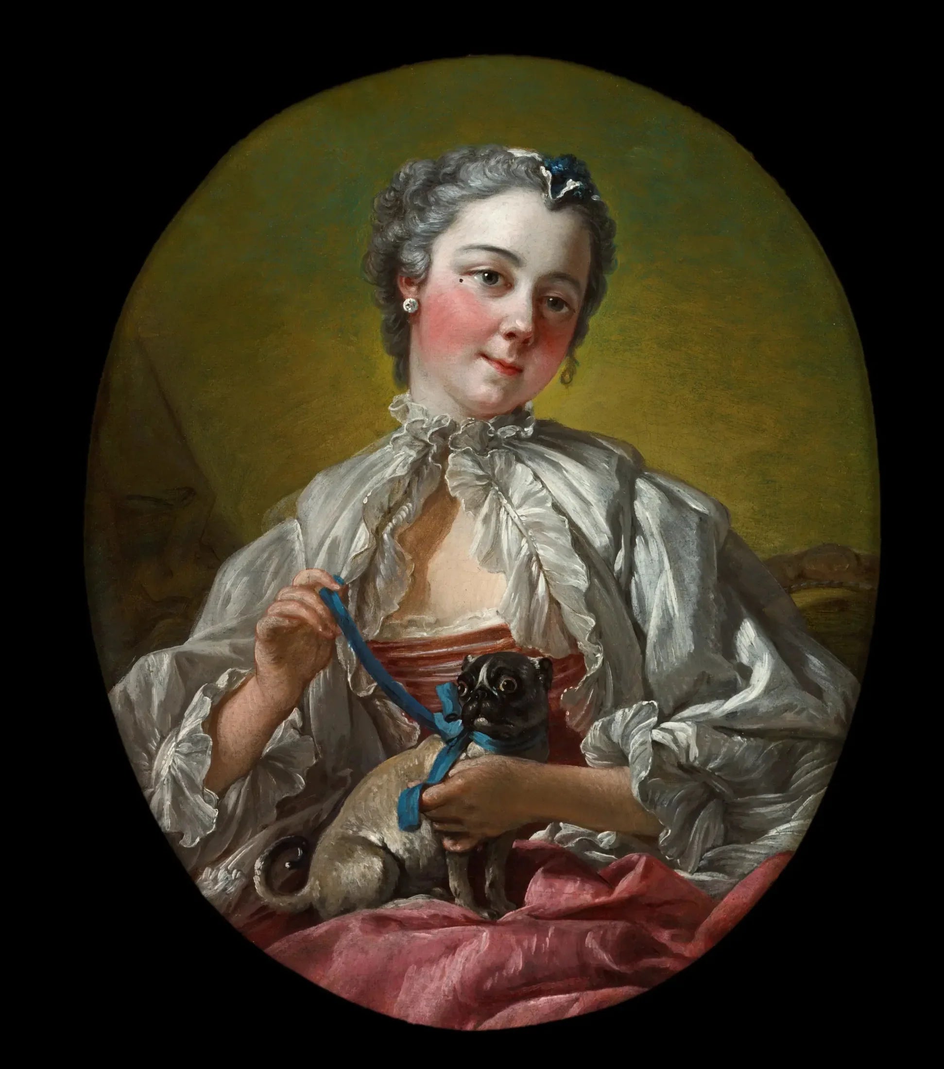 Jeune femme tenant un carlin - François Boucher image 1 tableau peint à l’huile sur toile