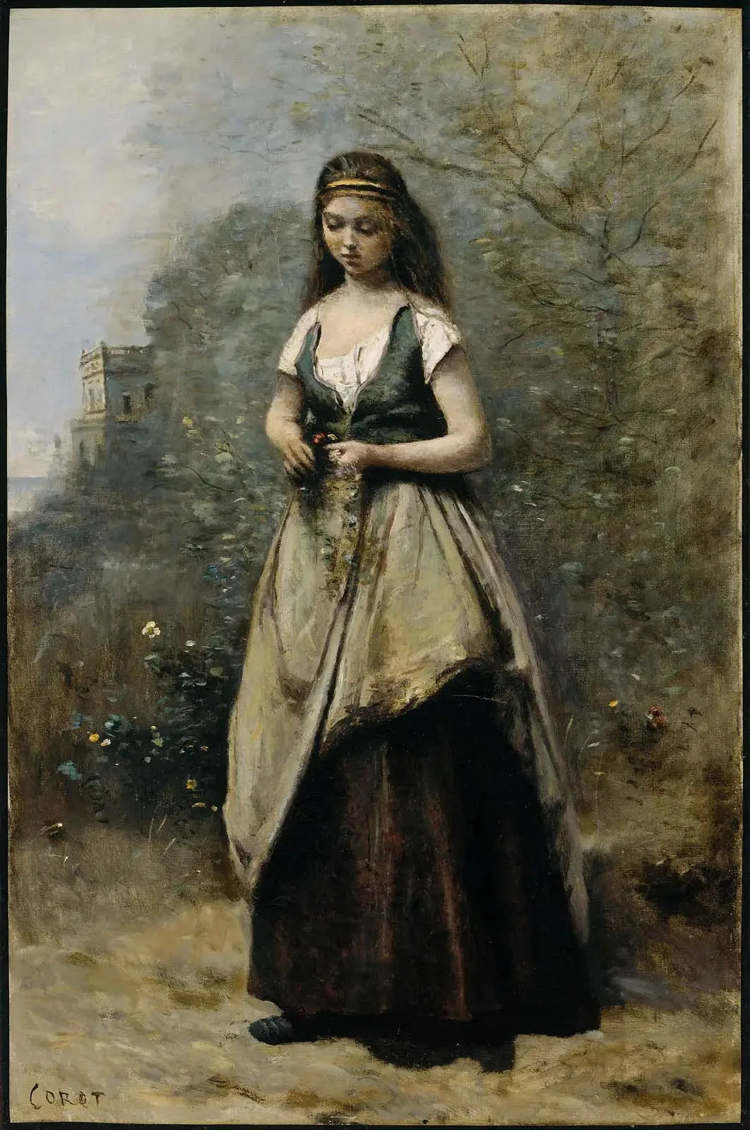 Jeune femme tissant une couronne de fleurs - Jean-Baptiste Camille Corot image 1 copie peinte à la main à l’huile