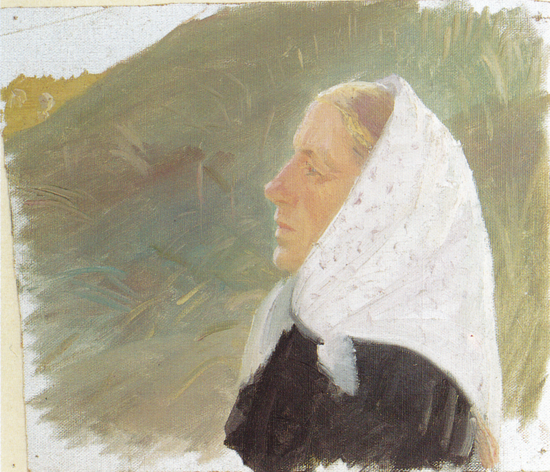 Giovane donna vestita di nero e con un velo bianco, seduta tra le dune - Anna Ancher