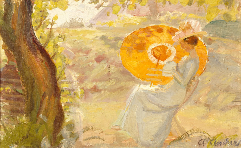 Ragazza in un giardino con un parasole arancione - Anna Ancher