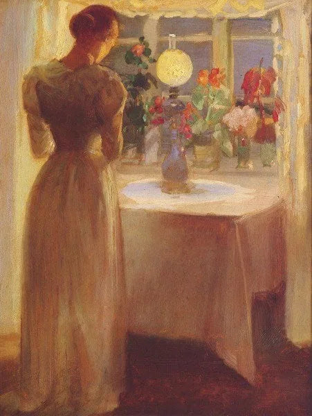 Ragazza davanti a una lampada accesa - Anna Ancher