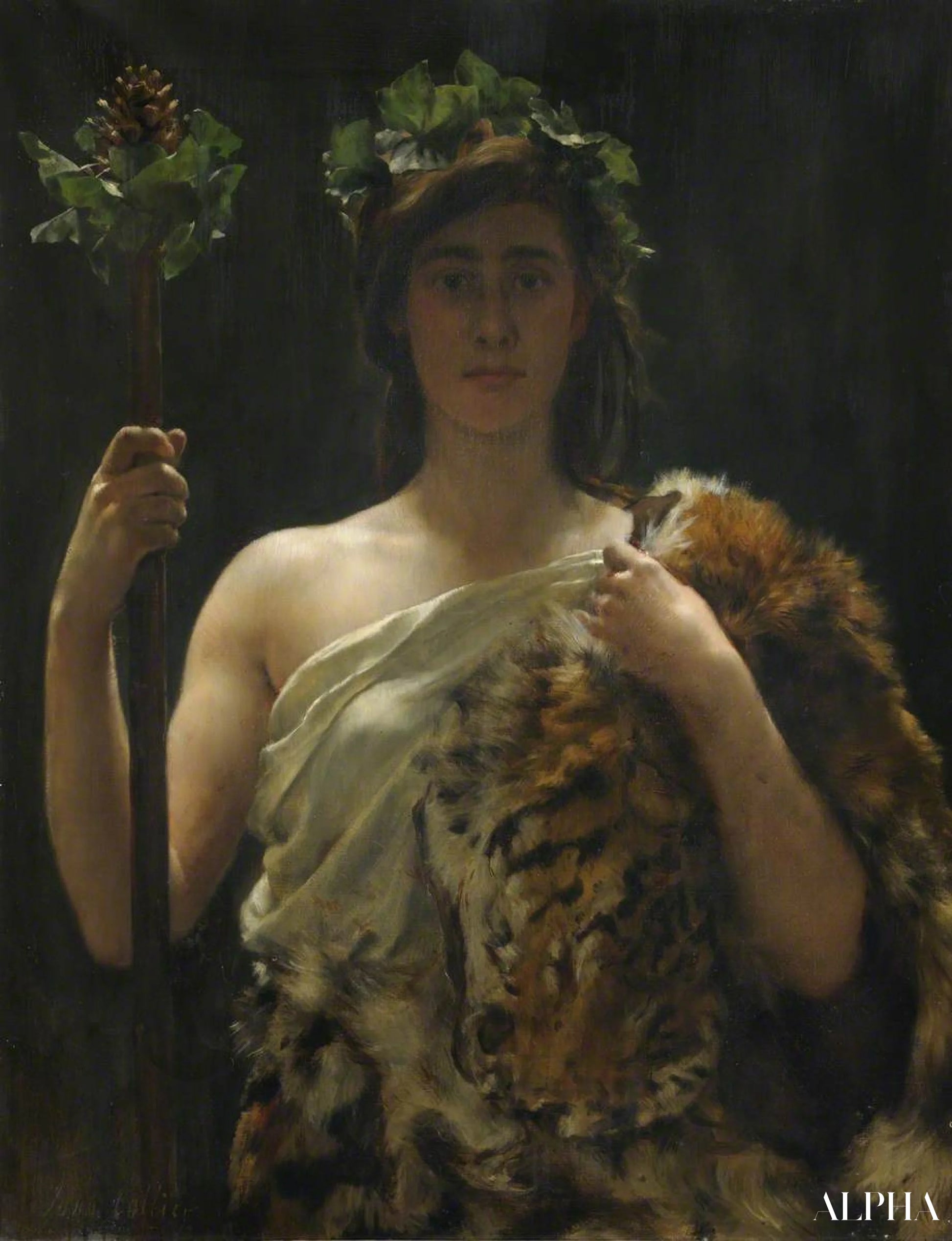 Jeune fille drapée dans une peau de tigre (appelée autrefois Bacchus) - John Collier Reproductions de tableaux à la
