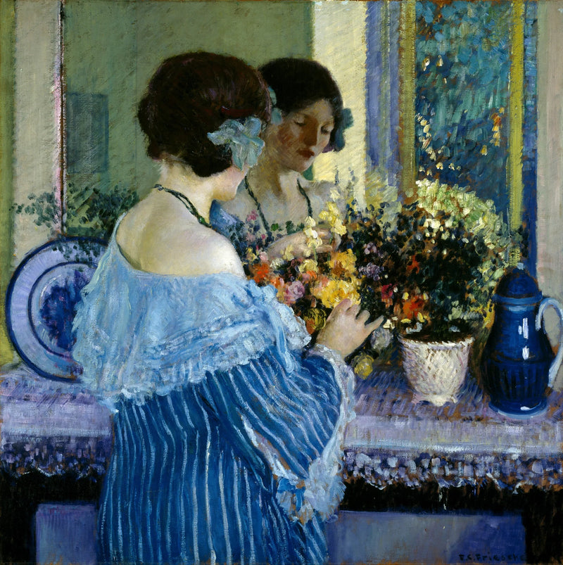 Ragazza in blu che sistema dei fiori - Frederick Carl Frieseke