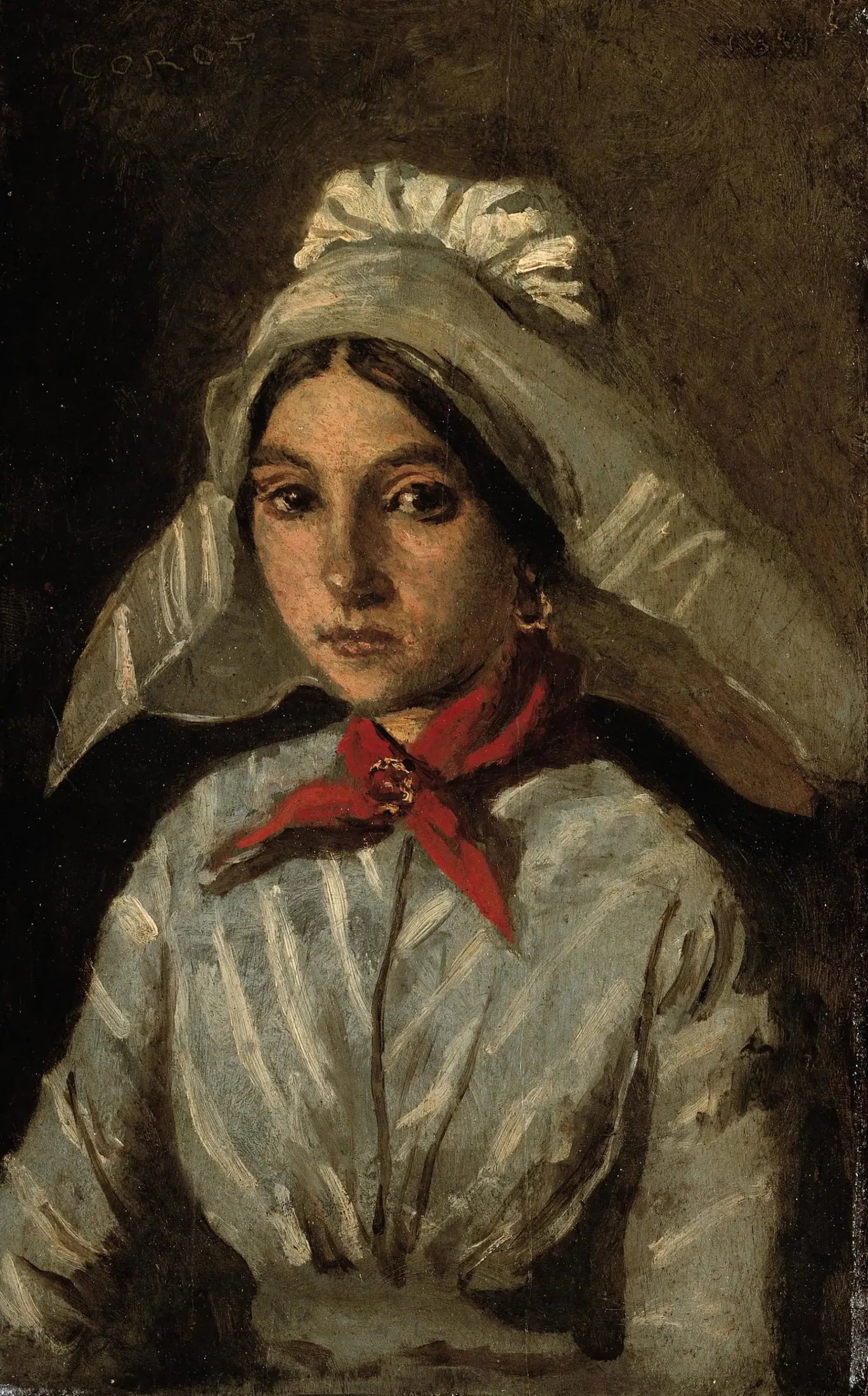 Jeune fille portant sur la tête une grande coiffe - Jean-Baptiste Camille Corot image 1 tableau peint à l’huile sur toile