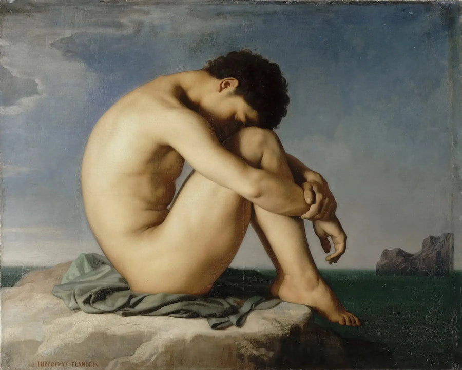 Giovane uomo nudo seduto sul bordo del mare - Hippolyte Flandrin